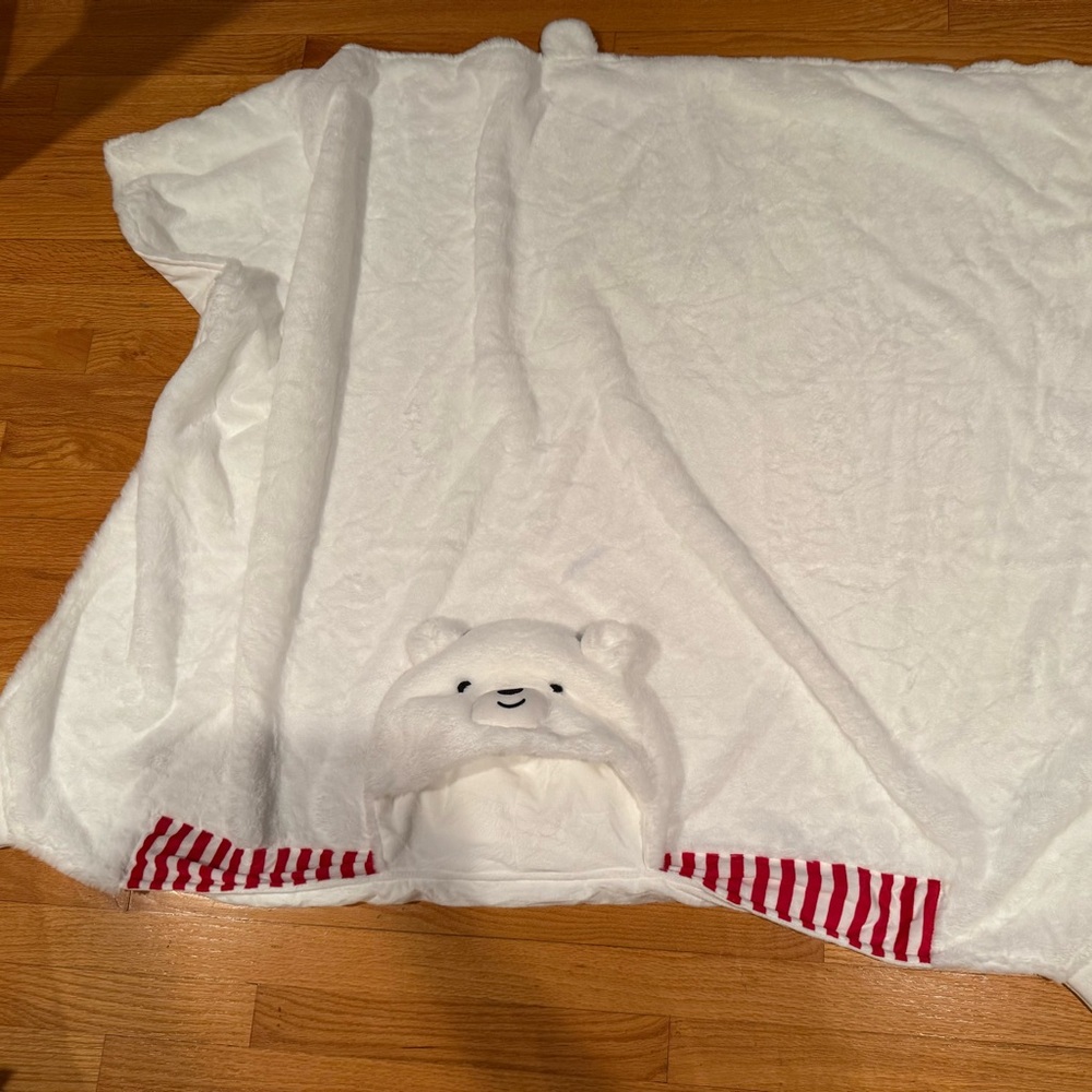 White Bear Hooded Blanket with Red Stripes